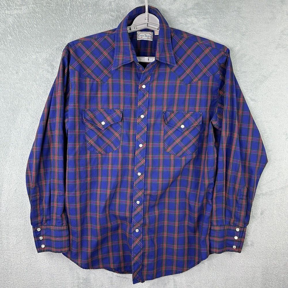 Open Trails Snap Button Shirt Men's Large Blue Check Long Sleeve